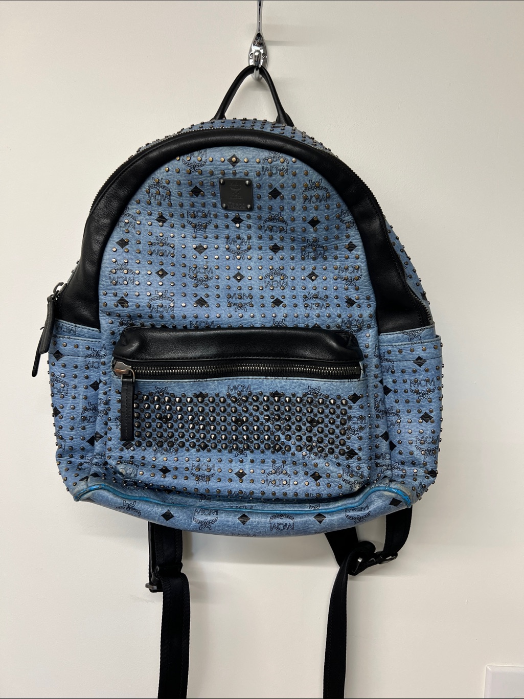Mcm Blue Leather Studded Backpack With Black Trim